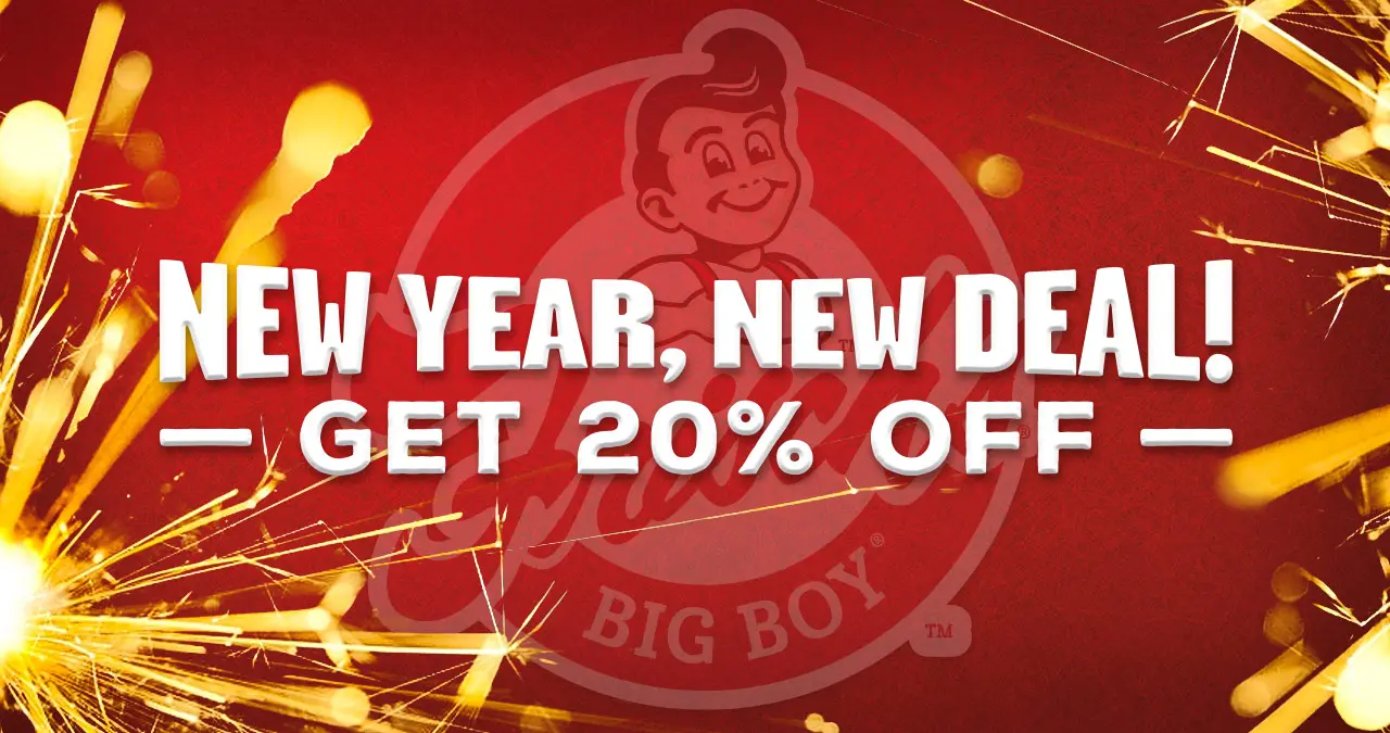 Frisch's Big Boy logo amongst celebratory fireworks with the headline "New Year, New Deal, Get 20% Off!